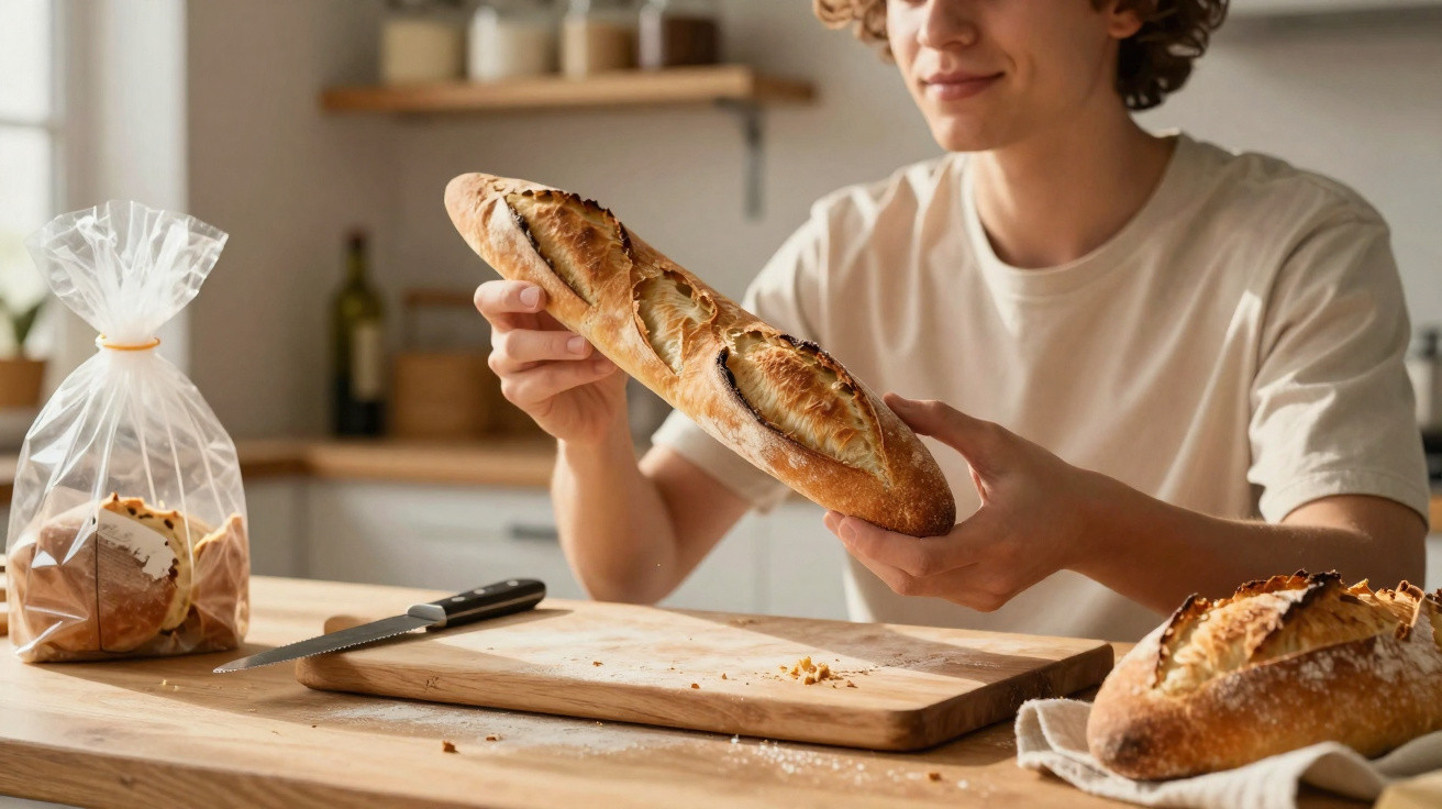 Pessoa a segurar uma baguete numa cozinha, com faca e pão sobre a mesa de madeira.