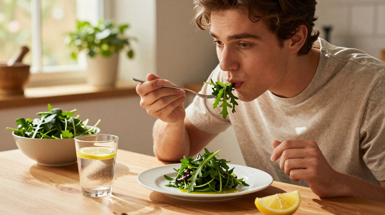Homem a comer salada verde à mesa com copo de água e limão em ambiente luminoso.
