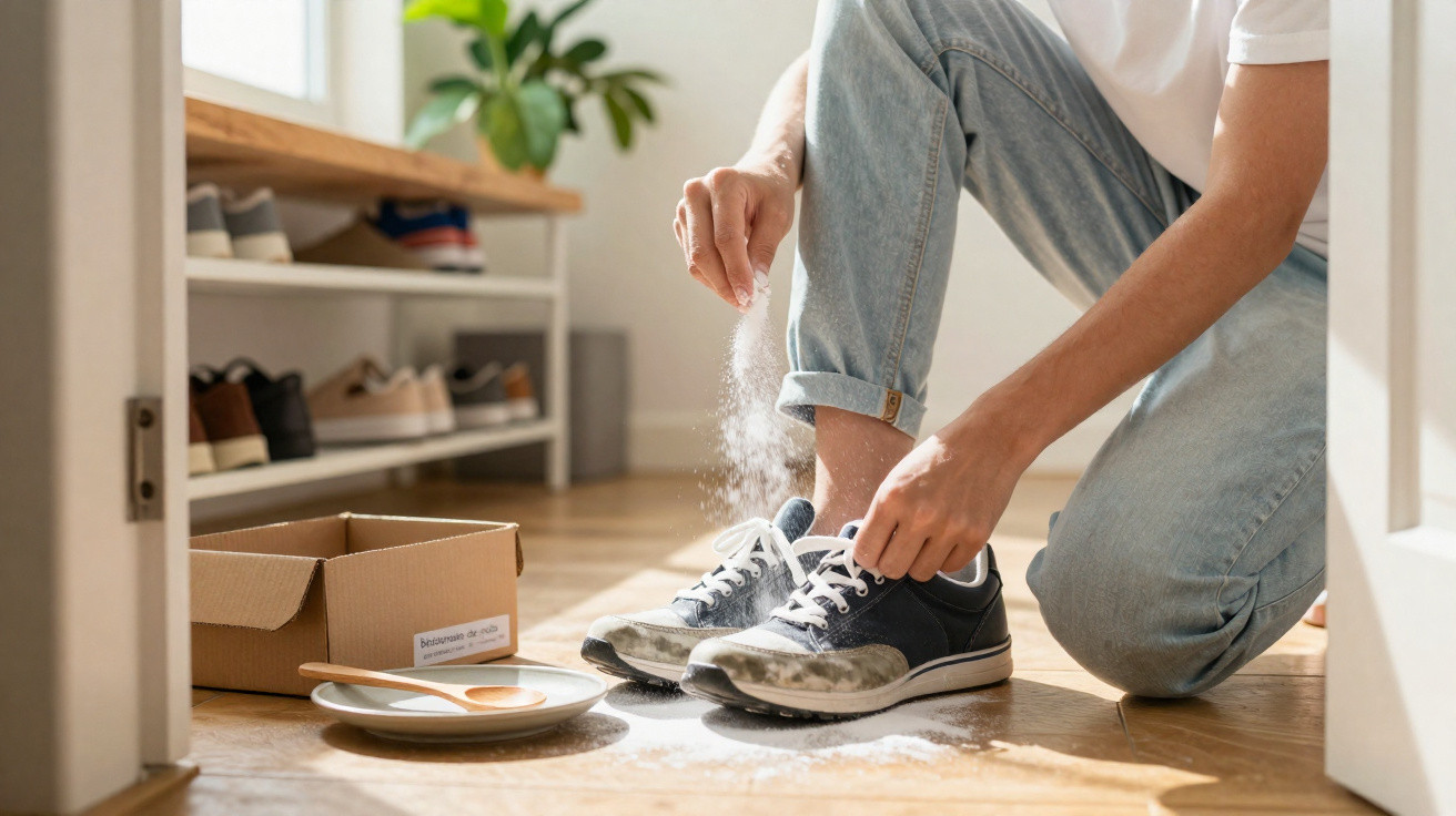 Pessoa a polvilhar bicarbonato de sódio nos sapatos sujos dentro de uma casa luminosa.