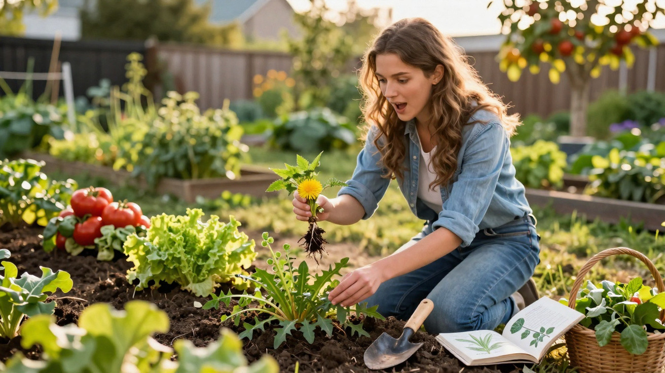 Mulher jovem a arrancar dente-de-leão num jardim com várias plantas hortícolas e livro aberto.