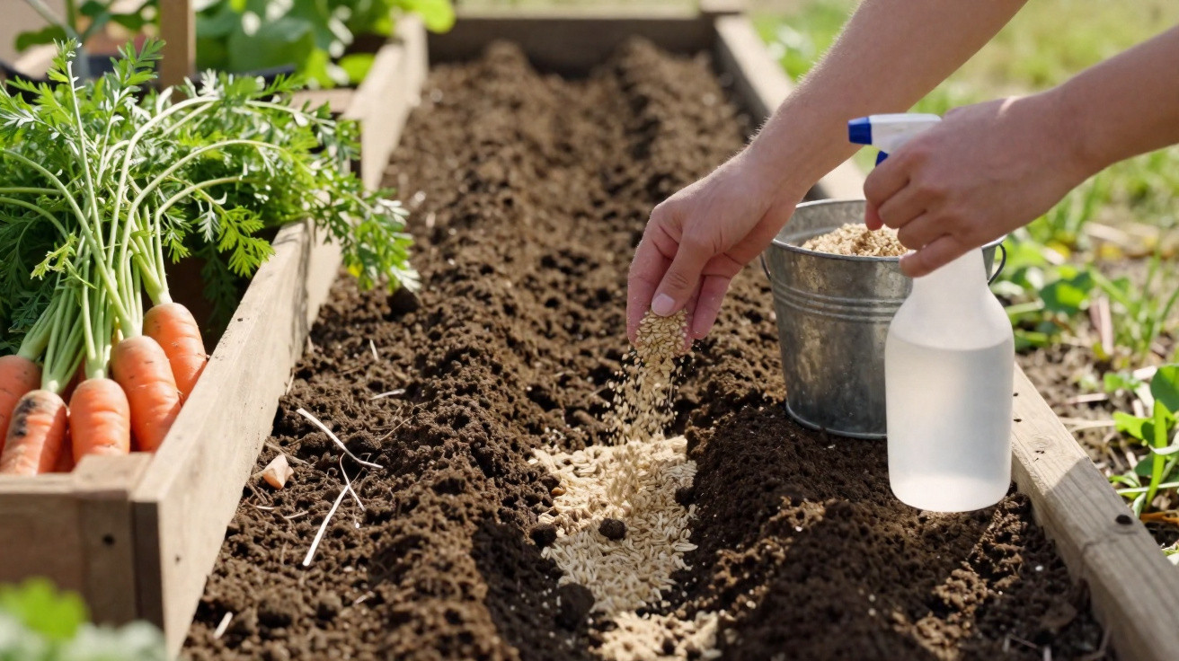 Mão a semear sementes num canteiro de terra fértil junto a cenouras já plantadas num jardim.