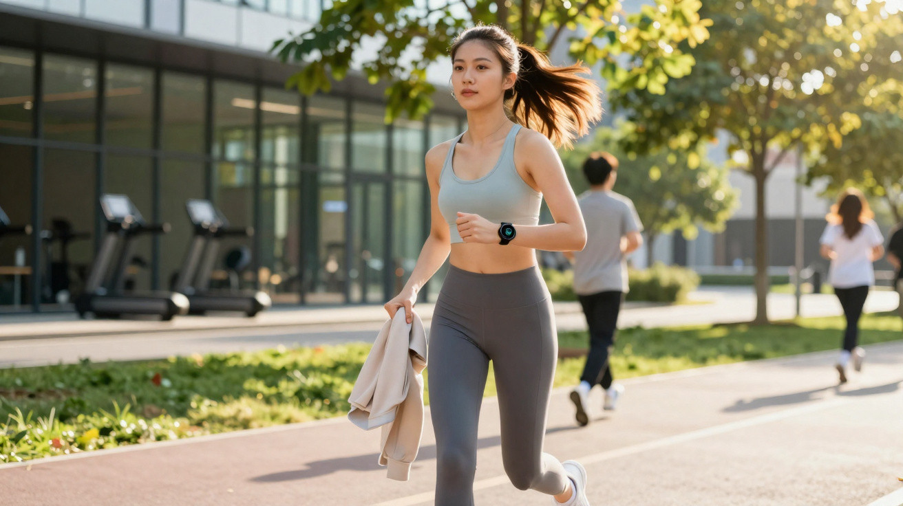 Mulher a correr em roupa desportiva num parque com outras pessoas a correr ao fundo e luz solar.