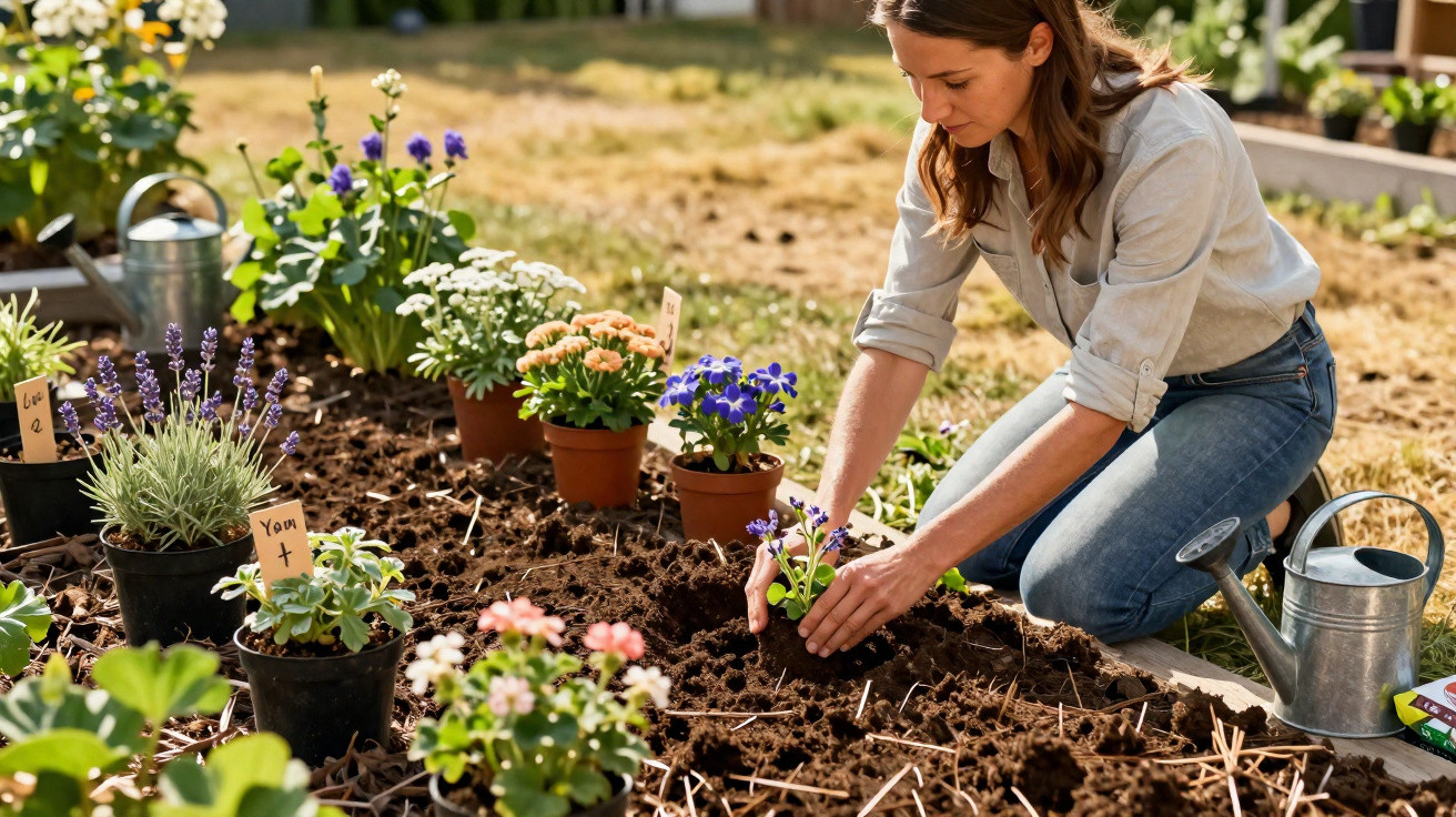 Mulher a plantar flores num jardim com várias plantas em vasos e regador ao lado.