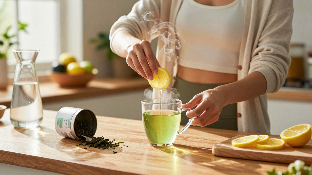 Pessoa a preparar chá verde com fatia de limão numa cozinha luminosa e moderna.