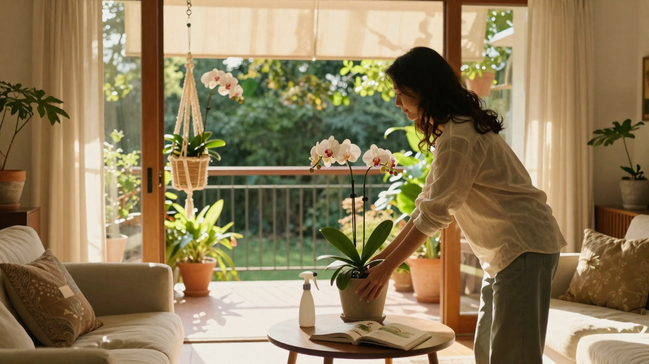 Mulher a cuidar de orquídea numa sala iluminada com varanda e plantas ao fundo.