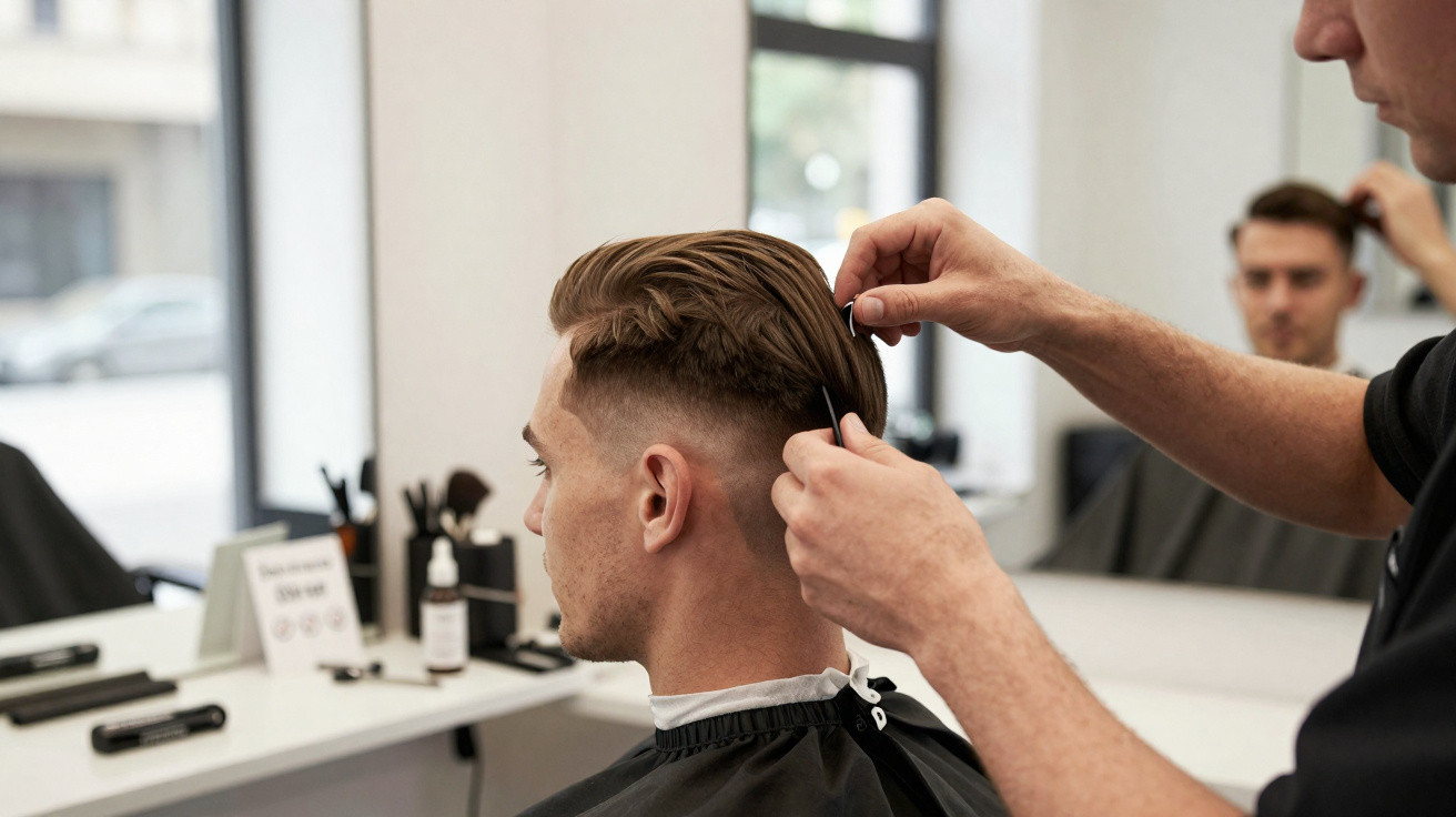 Homem a cortar cabelo num cabeleireiro moderno com espelho e produtos ao fundo.