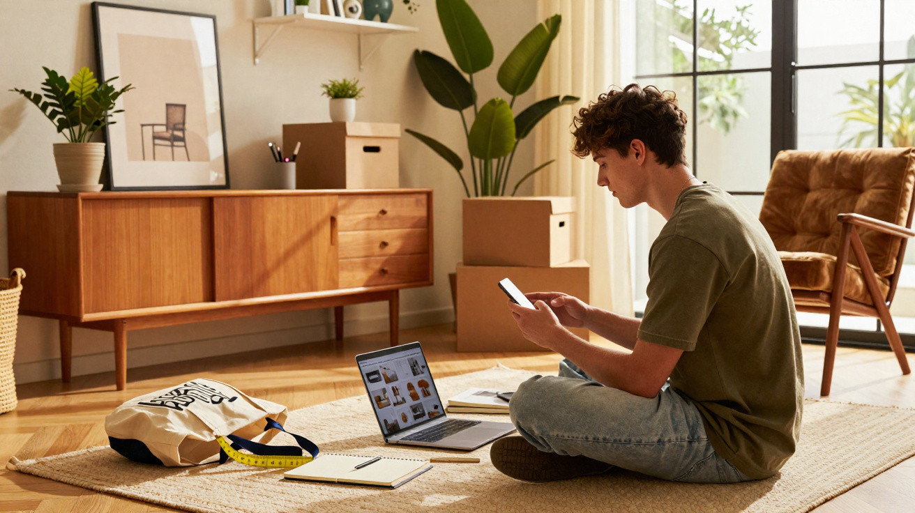 Jovem sentado no chão de uma sala a usar telemóvel com portátil e material de estudo à sua frente.