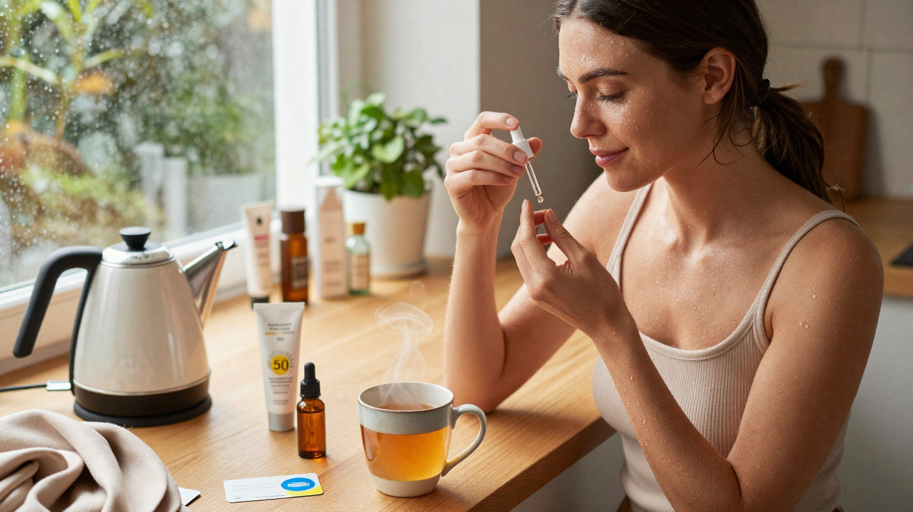 Mulher aplica sérum no rosto junto a chá quente e produtos de cuidado de pele numa bancada de cozinha.