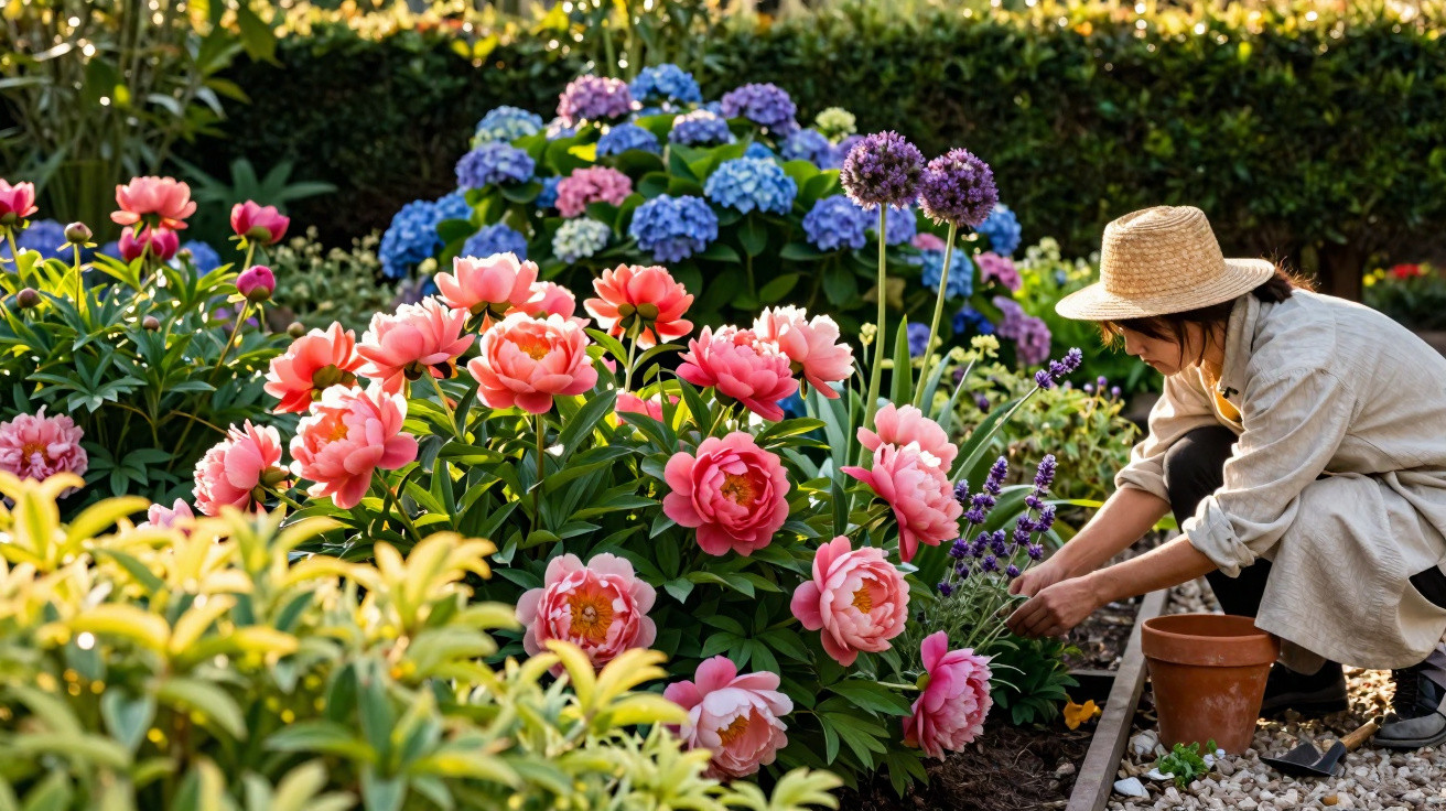 Mulher com chapéu a cuidar de flores coloridas num jardim ensolarado.