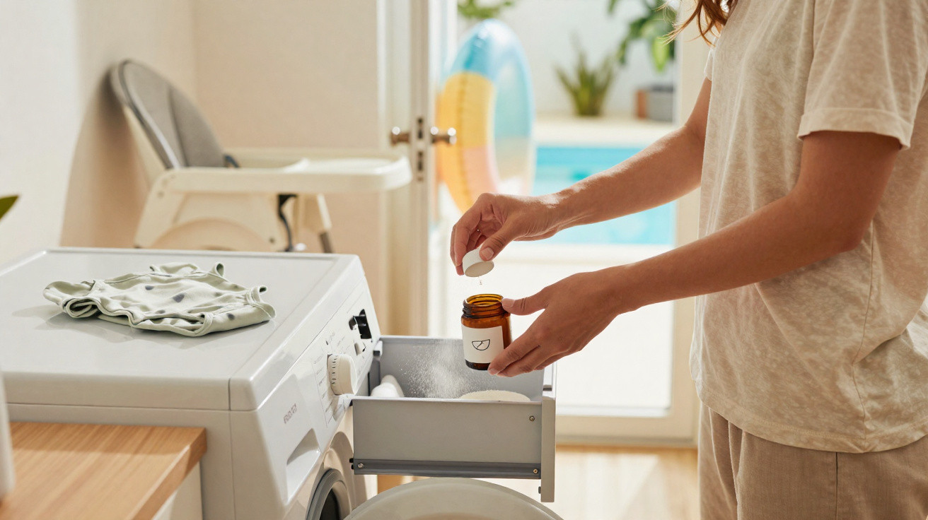 Pessoa a colocar cápsula de detergente na máquina de lavar roupa numa divisão clara com piscina ao fundo.