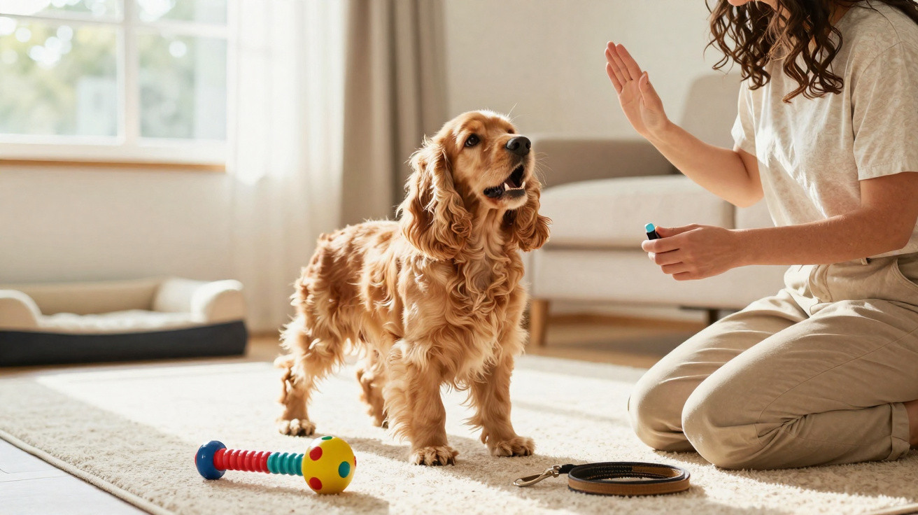 Pessoa a treinar um cão castanho claro dentro de casa, com brinquedo e trela no chão.