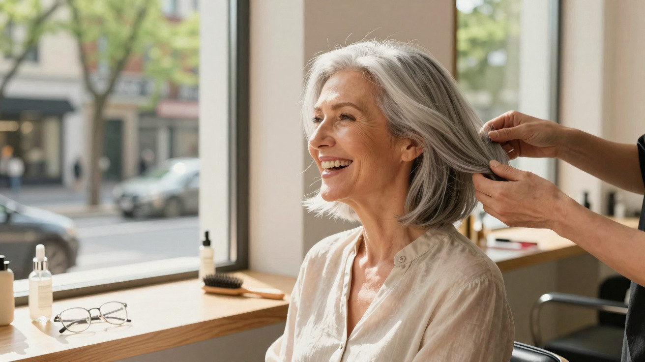 Mulher idosa sorridente a apanhar cabelo cinza, sentada junto a janela de salão de cabeleireiro iluminado.