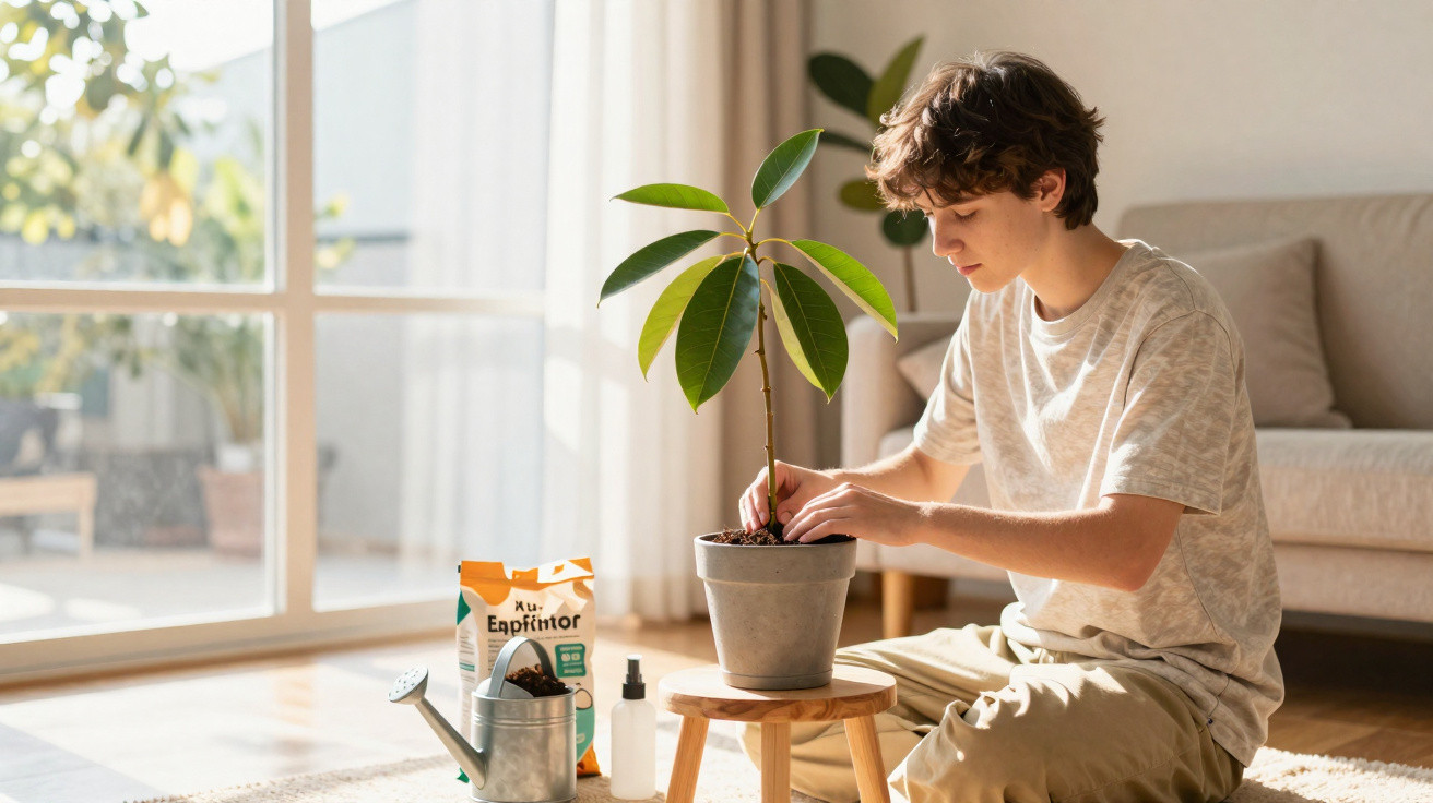 Jovem a cuidar de uma planta em vaso dentro de casa, com utensílios de jardinagem ao lado, junto à janela.