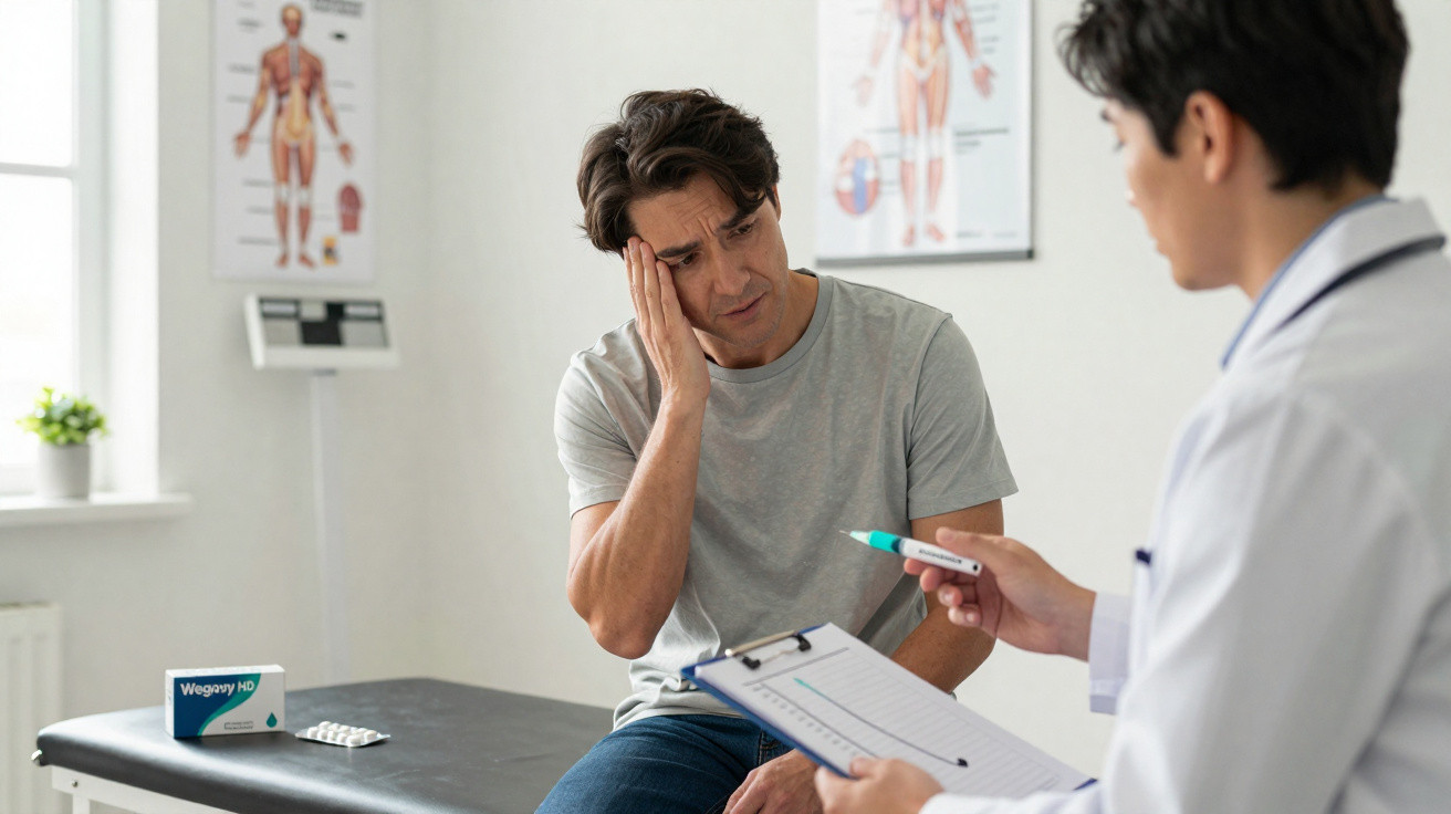 Homem com mão na cabeça sentado em consultório médico enquanto profissional de saúde consulta ficha.