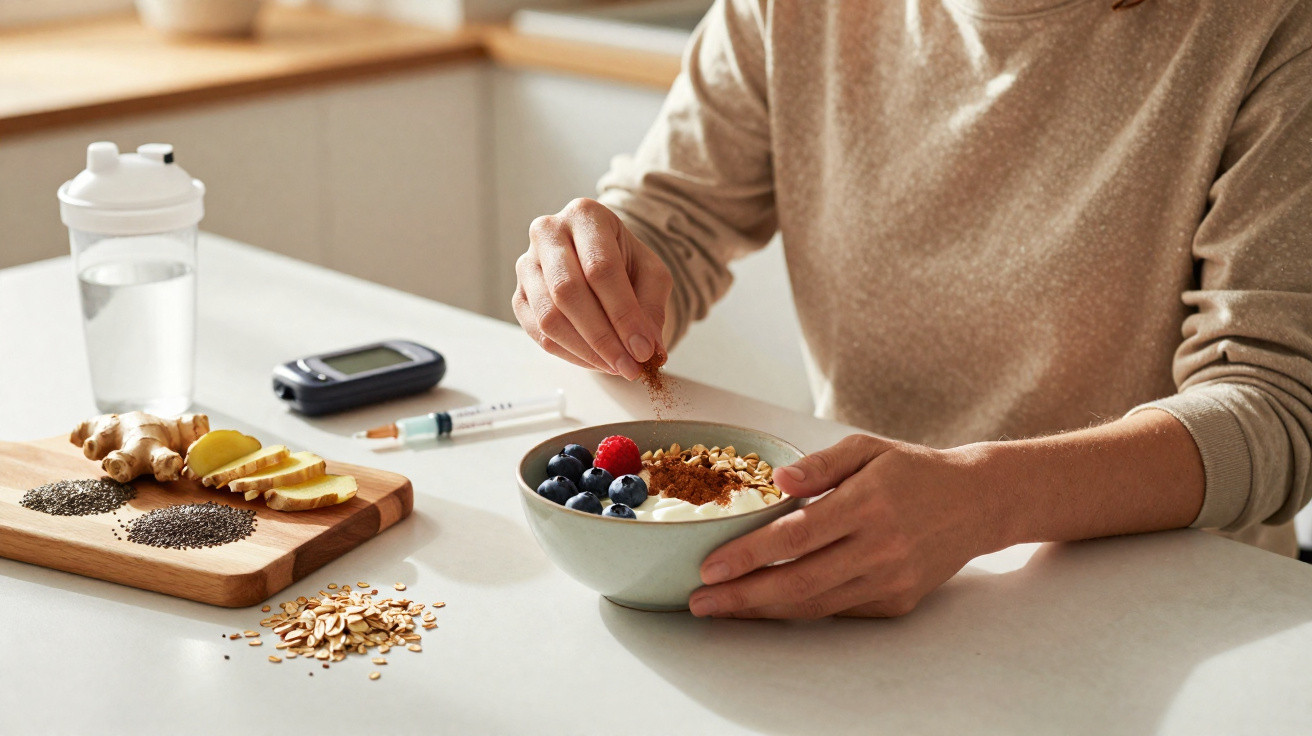 Pessoa a polvilhar canela num prato com iogurte, frutos vermelhos e aveia, ao lado de medidor de glicose e ingredientes natur