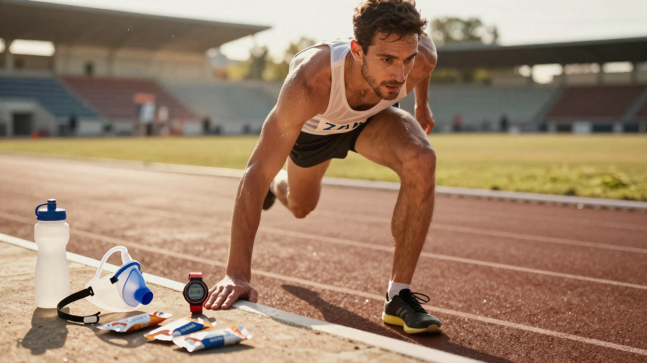 Atleta masculino preparado para corrida na pista, com equipamento desportivo e suplementos ao lado.