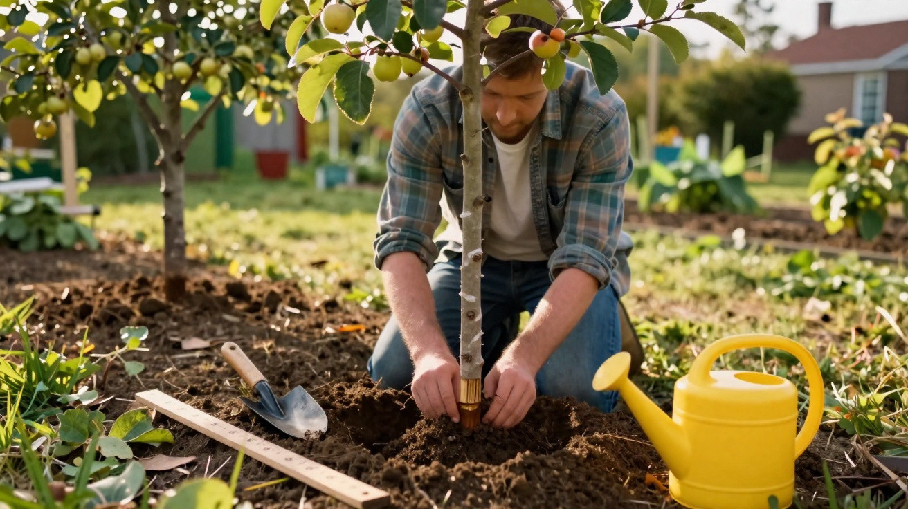 Homem a plantar uma árvore jovem num jardim com regador amarelo e ferramentas no chão.