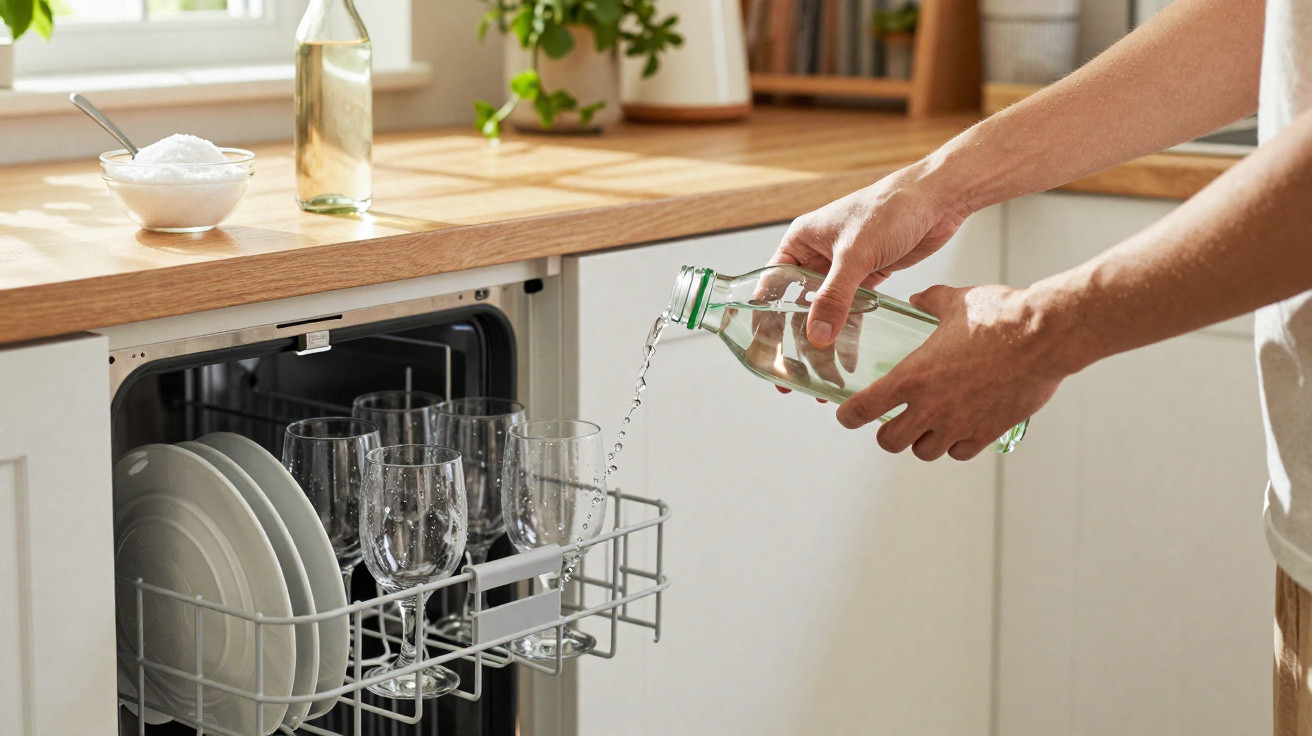 Pessoa a despejar líquido em copos dentro de uma máquina de lavar loiça numa cozinha moderna.