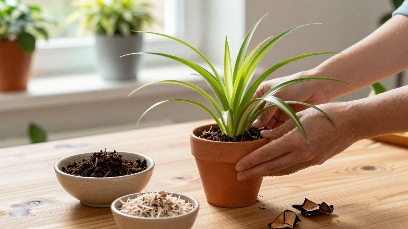 Mãos a plantar uma planta verde em vaso de barro sobre mesa de madeira, com terra e sementes ao lado.