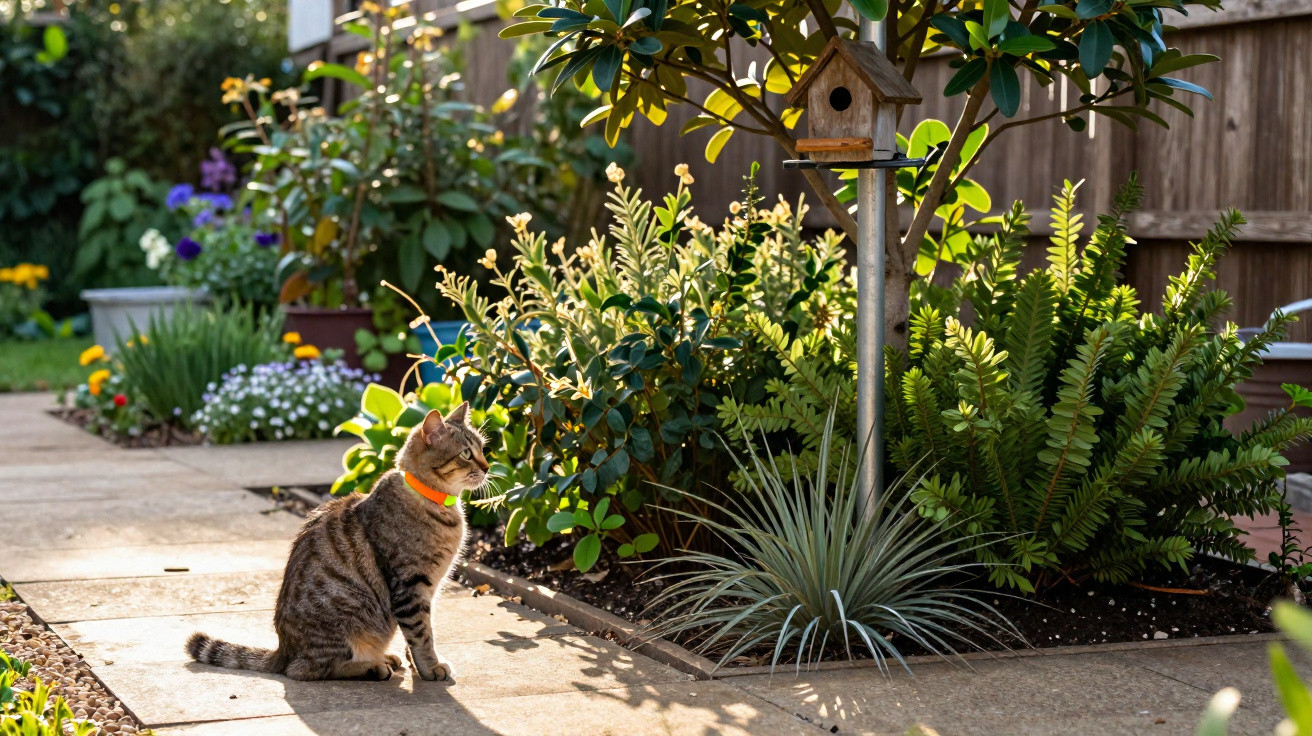 Gato com coleira laranja sentado num caminho de jardim ao lado de arbustos e comedouro para pássaros.