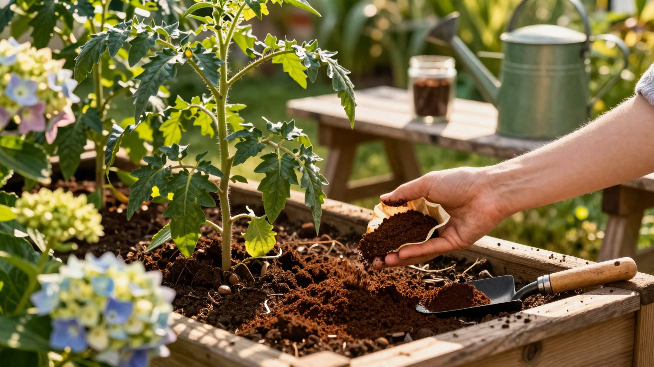 Mão a preparar solo numa horta elevada com planta jovem e regador ao fundo num jardim ensolarado.