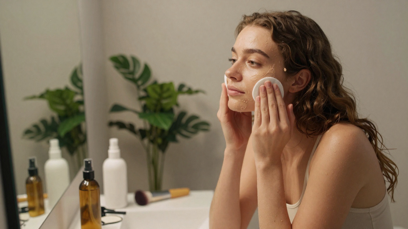 Mulher a aplicar produto facial com algodão junto a um espelho numa casa de banho moderna.