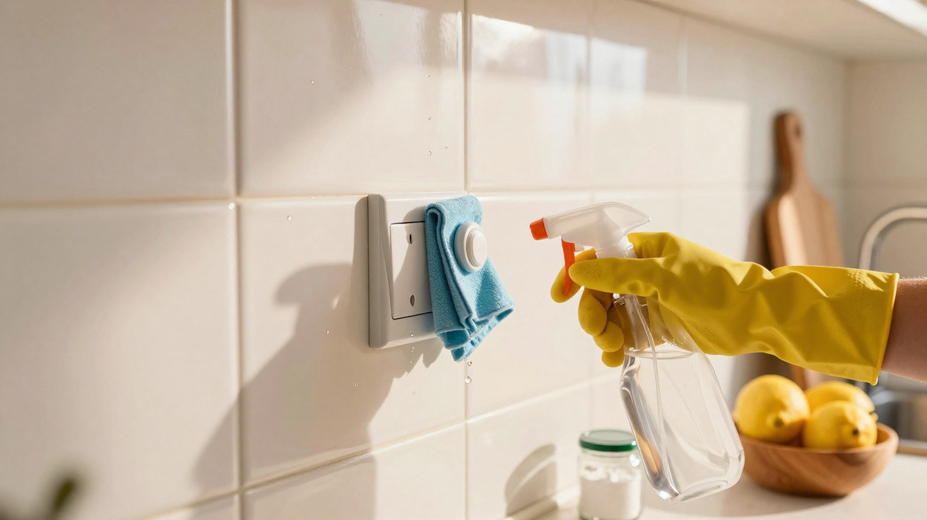 Mão com luva amarela a limpar interruptor de luz com spray e pano azul na cozinha iluminada.