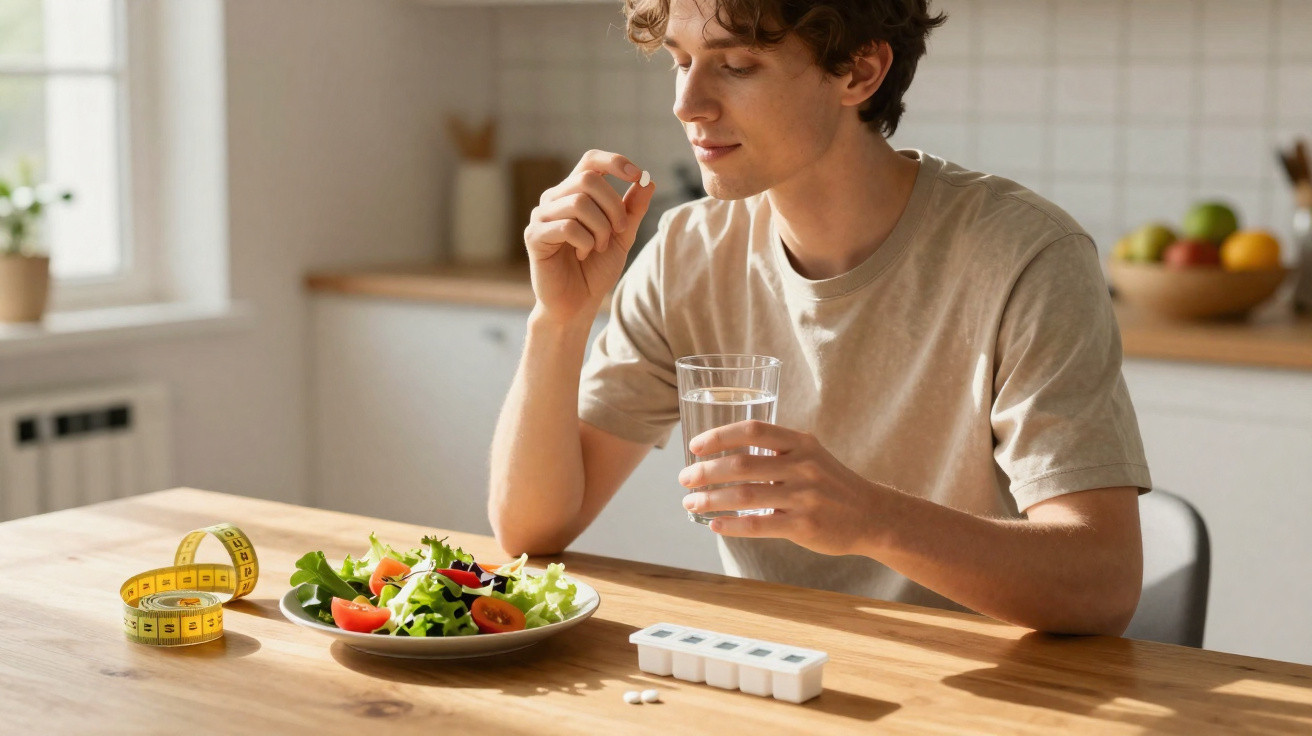 Homem sentado à mesa a tomar comprimidos com um copo de água e à frente uma salada e um medidor de fitas.