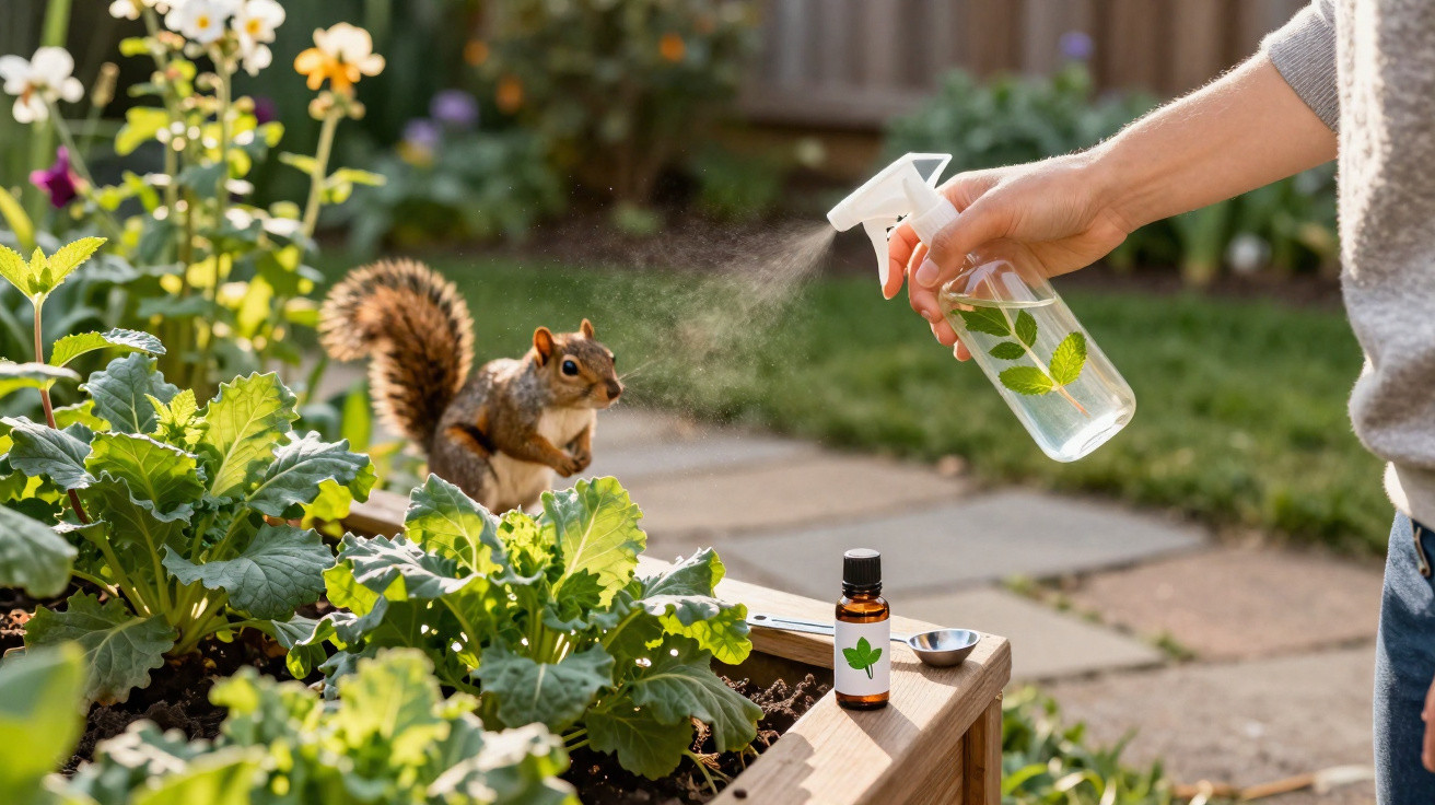 Mão a pulverizar plantas com spray caseiro enquanto esquilo observa num jardim ensolarado.
