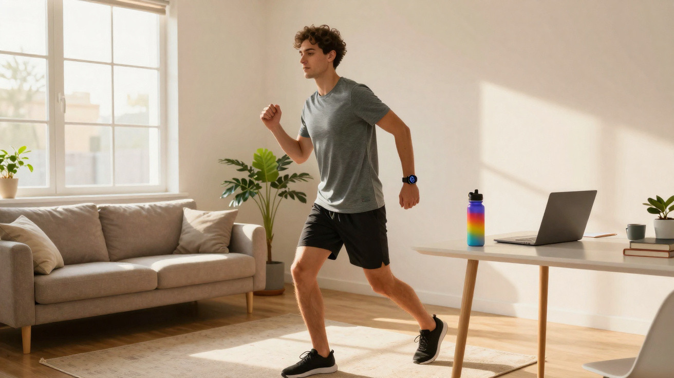 Homem a fazer exercício físico em casa, junto a sofá, mesa com portátil e garrafa colorida.
