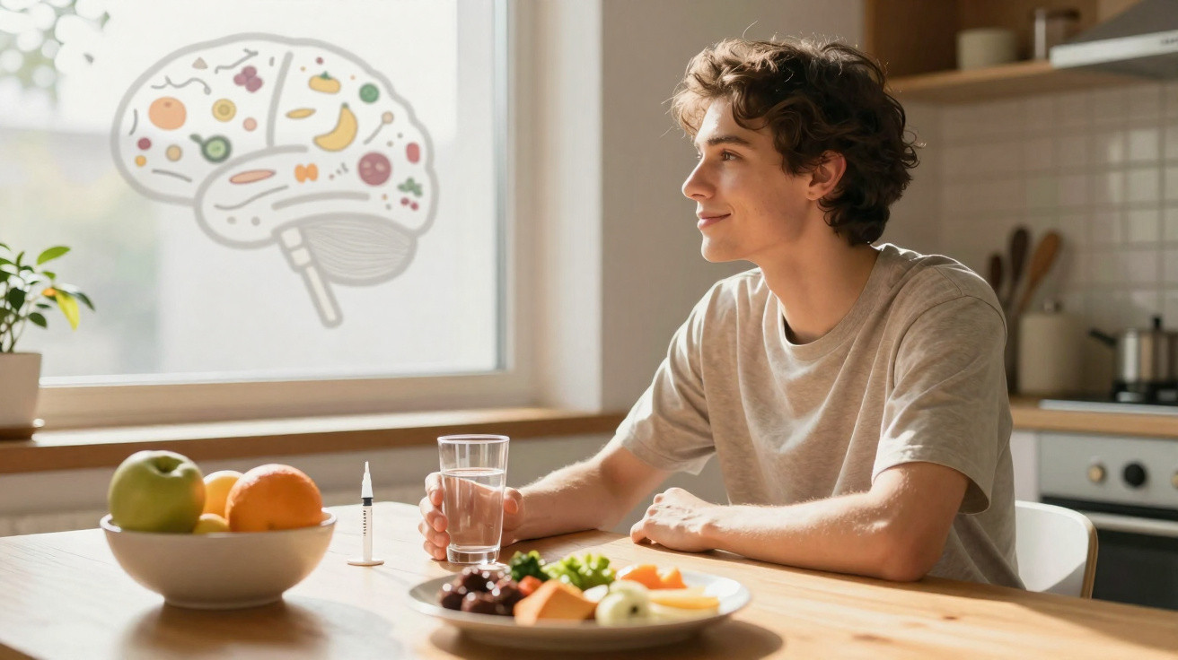 Jovem sentado à mesa com fruta e água, olhando para o desenho de cérebro com alimentos na janela.