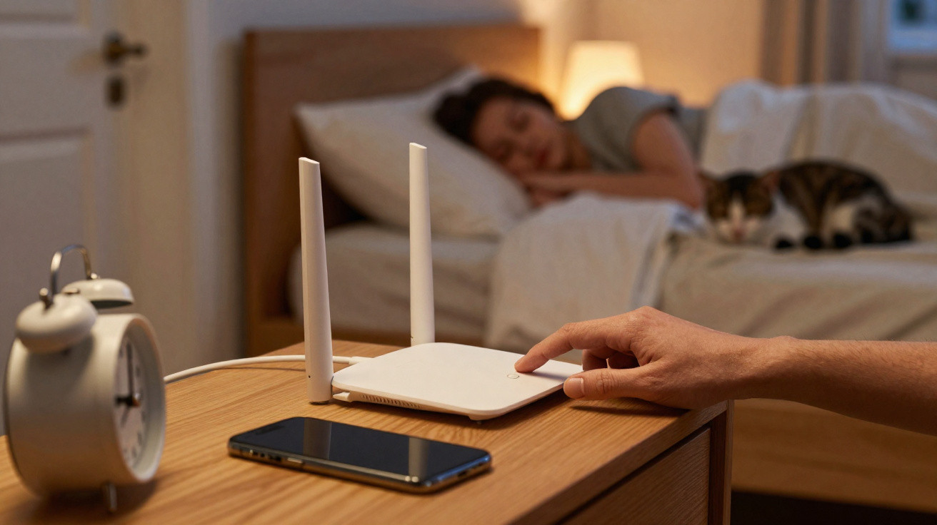 Pessoa a desligar router numa mesa de cabeceira, com telemóvel e despertador, enquanto mulher dorme ao fundo.