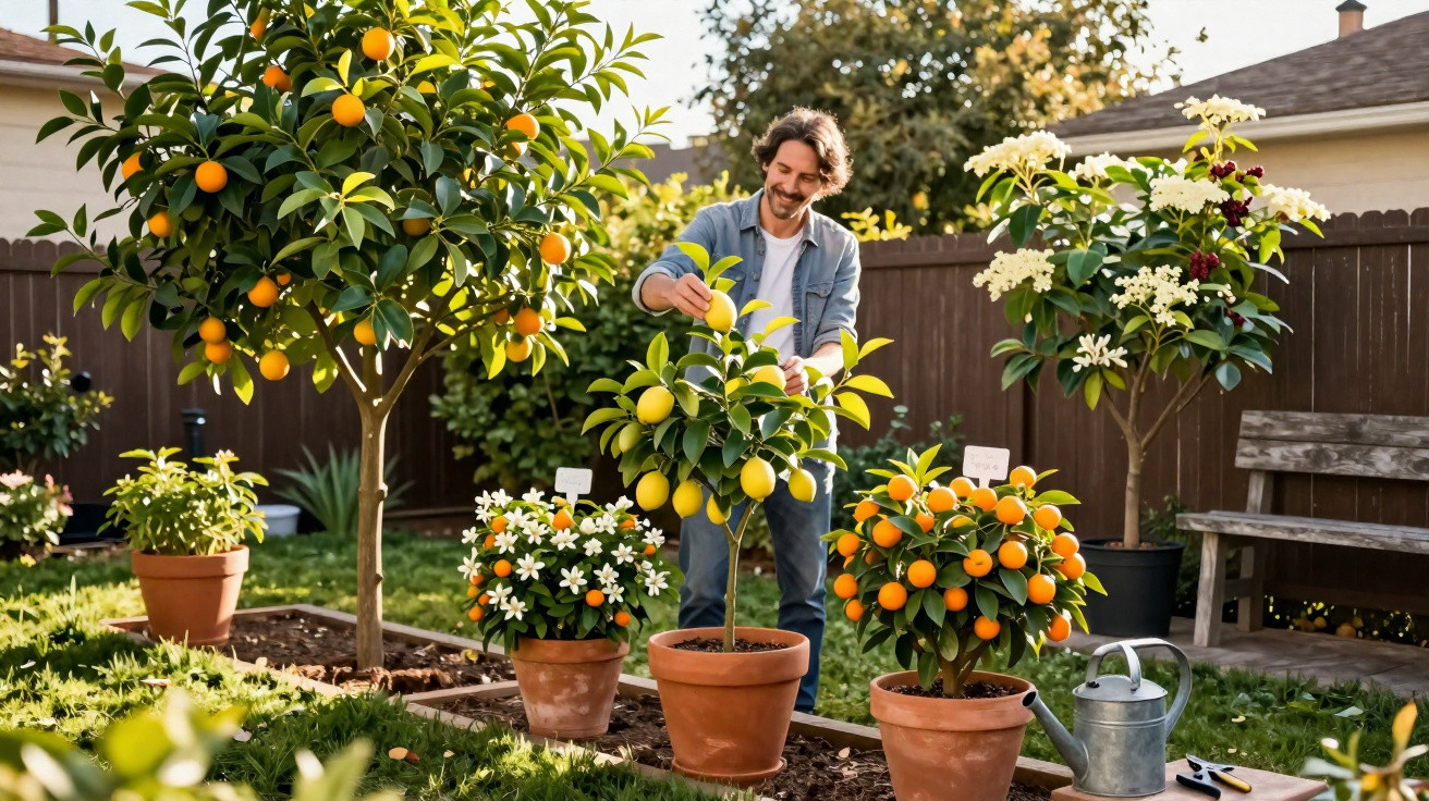 Homem a cuidar de plantas de citrinos em vaso num jardim ensolarado com várias árvores e flores.