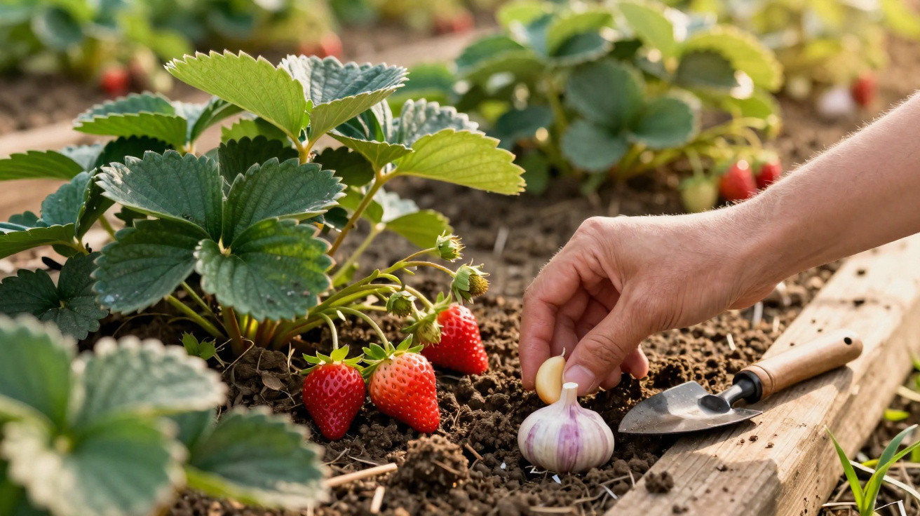 Mão plantando alho ao lado de morangueiros com morangos vermelhos maduros num canteiro de terra.
