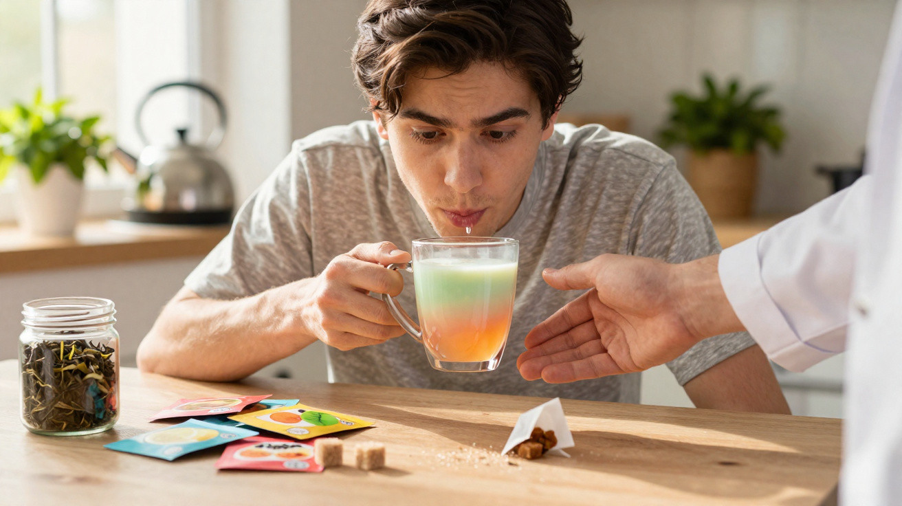 Homem a experimentar chá colorido servido numa chávena transparente por outra pessoa numa cozinha luminosa.