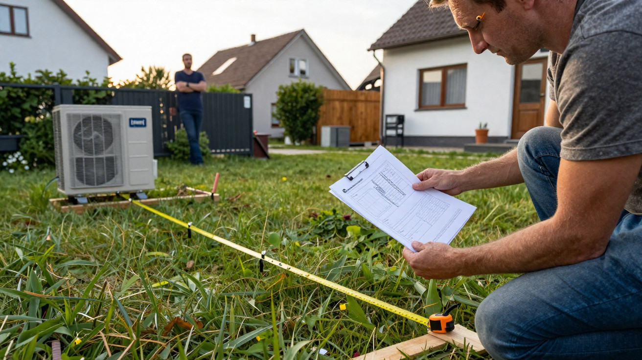 Homem a medir terreno no jardim de casa com fita métrica e papel clipboard, outra pessoa observa ao fundo.