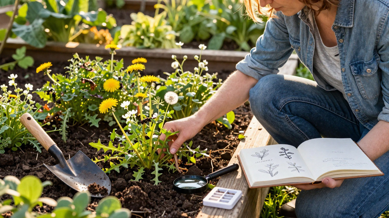 Pessoa a remover dente-de-leão num jardim, com livro de plantas e lupa sobre o chão.