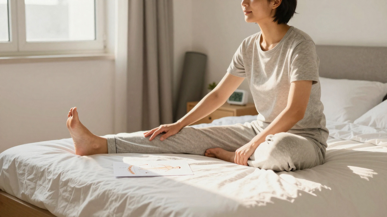 Pessoa sentada na cama a alongar a perna direita, com roupa confortável e luz natural a entrar pela janela.