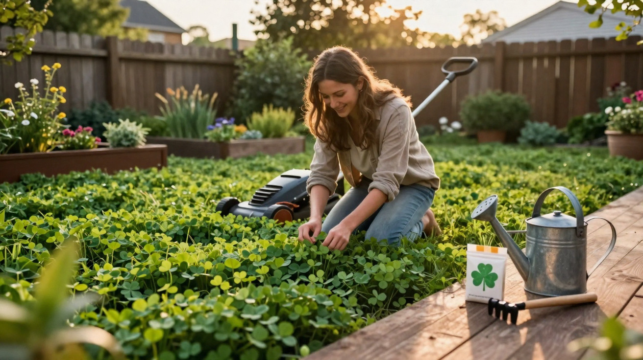 Mulher a cuidar de plantas num jardim com regador, sementeira e ferramentas ao lado, ao pôr do sol.