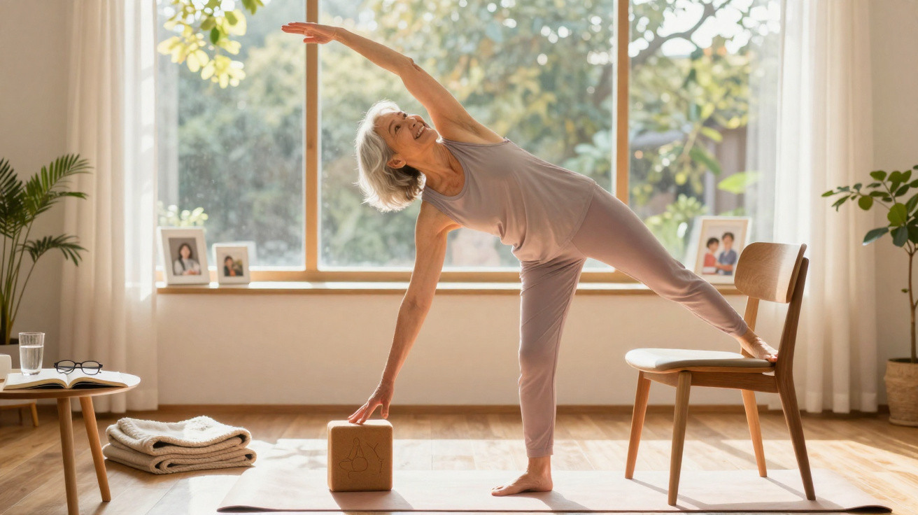 Mulher idosa a fazer yoga em sala iluminada, usando cadeira e bloco para suporte no exercício.