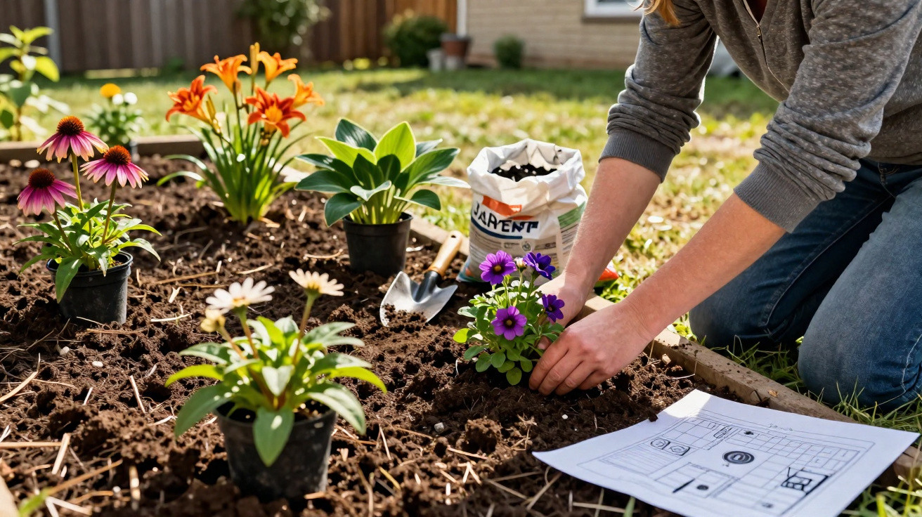 Pessoa a plantar flores coloridas num canteiro, com esquema de jardim e ferramentas ao lado.