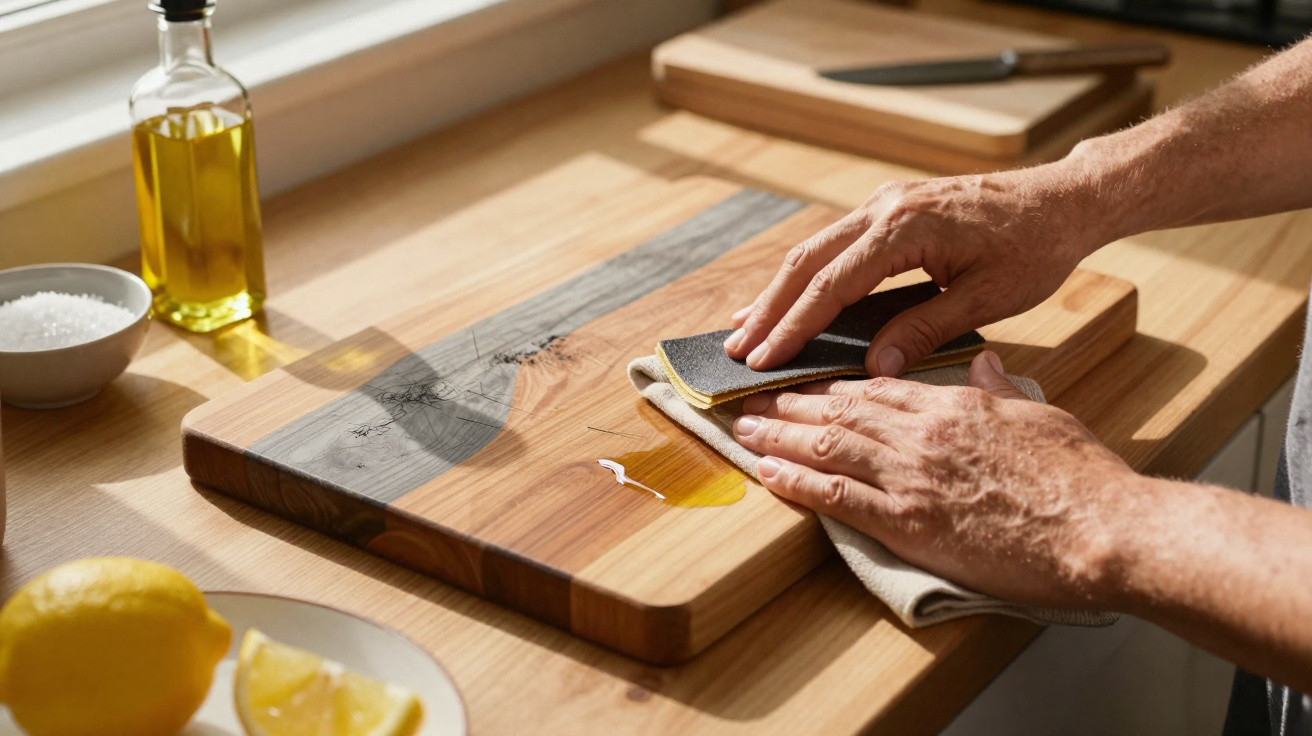 Mãos a limpar uma tábua de madeira com pano, óleo de cozinha, sal e limão na bancada da cozinha.