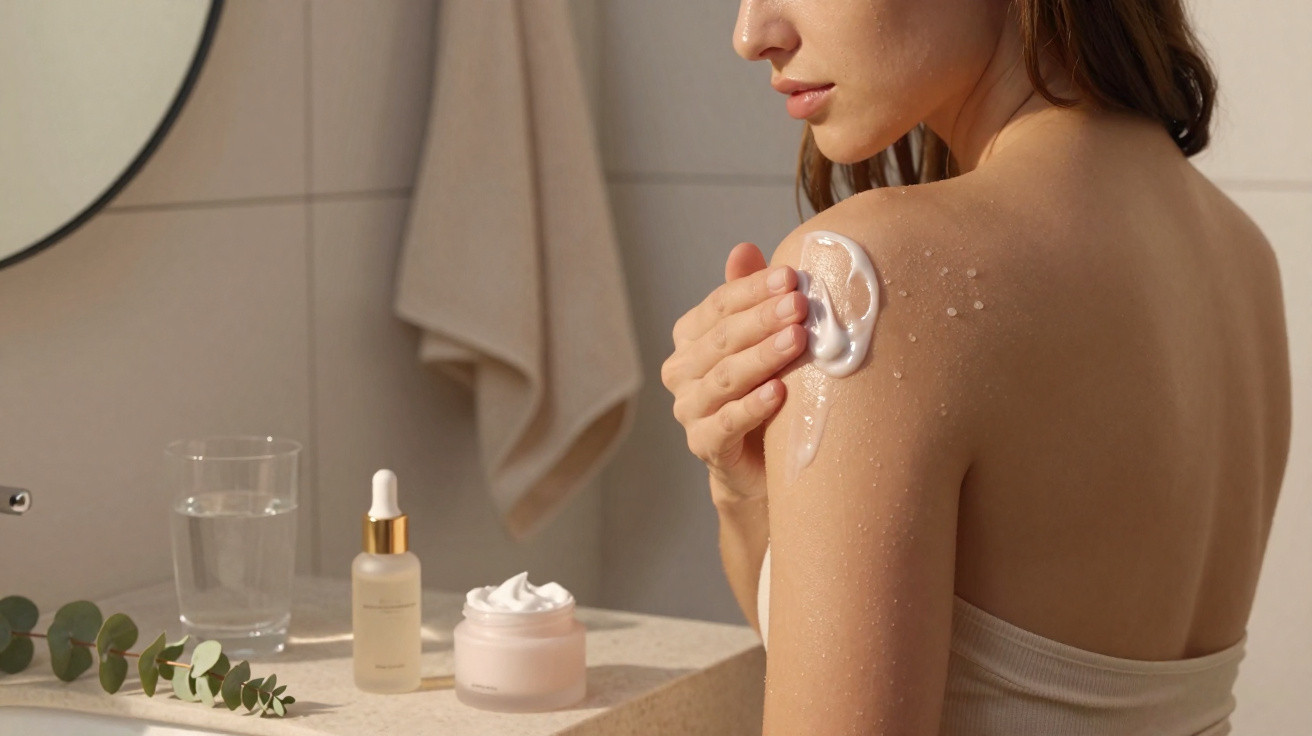 Mulher a aplicar creme hidratante no ombro num ambiente de casa de banho com produtos e toalha ao fundo.