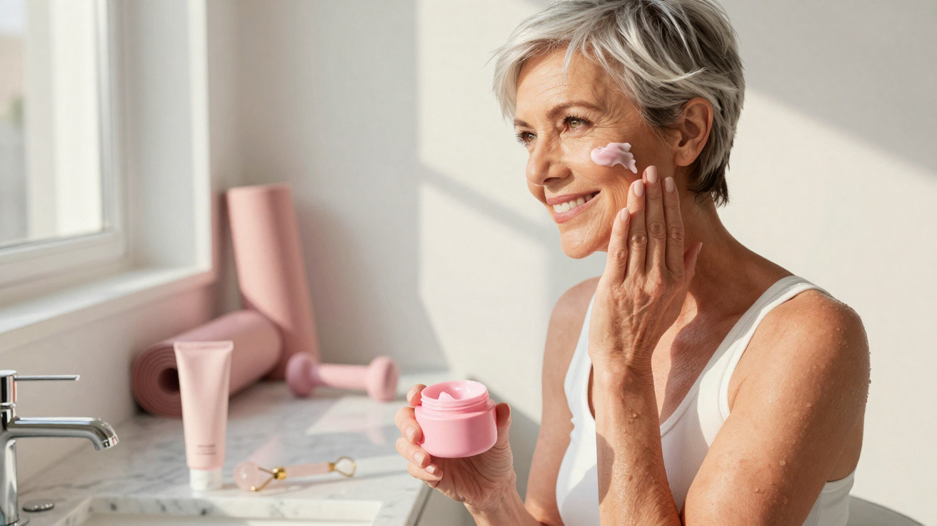Mulher madura aplica creme facial num ambiente luminoso com acessórios de cuidado de pele cor de rosa.