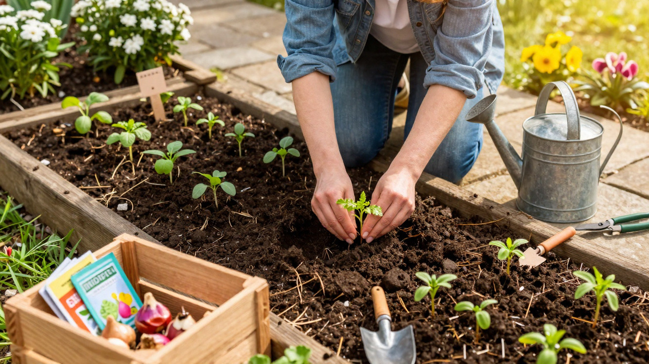 Pessoa a plantar uma muda numa horta com ferramentas de jardinagem e sementes ao lado.