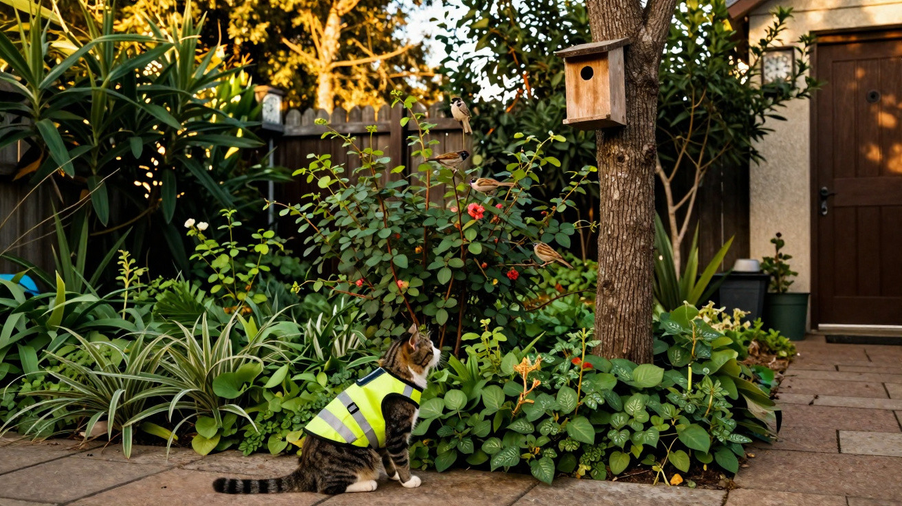 Gato com colete refletor sentado perto de um arbusto com pássaros e um comedouro num jardim.