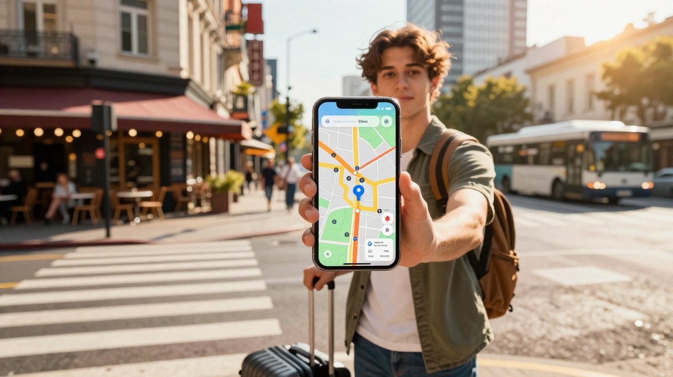 Homem jovem com mochila e mala mostra ecrã de smartphone com mapa e rotas numa rua movimentada.