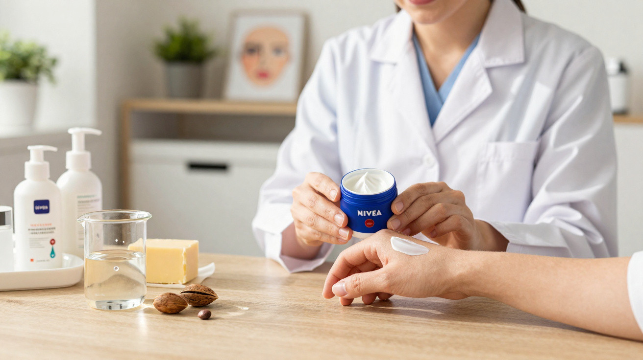 Profissional de saúde aplica creme Nivea na mão de paciente numa mesa com produtos de beleza.