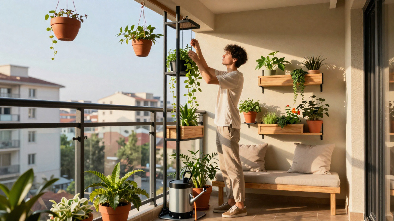 Homem rega plantas num terraço urbano com vários vasos e estantes de madeira com plantas.