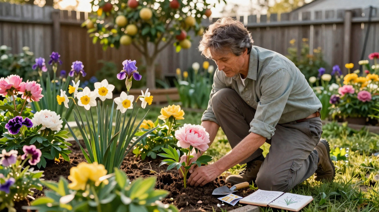 Homem a cuidar de flores coloridas num jardim bem cuidado ao entardecer.
